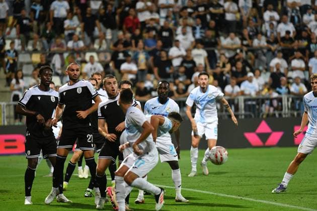 Rijeka, 210825. Rujevica Stadium. Player Luka Menalo plays on the first match of the 4th qualifying round of the UEFA Europa League Rijeka - PAOK. Photo: Damir Skomrlj CROPIX Copyright: xxDamirxSkomrljx xCROPIXx rijeka_paok9-210825