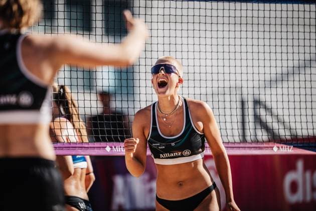 Beachvolleyball Frauen Allianz German Beach Tour 2025 Tourstop Berlin 21.08.2025 Mareet Maidhof jubelt Berlin Funkhaus Beach Berlin Deutschland