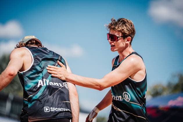 Beachvolleyball Männer Allianz German Beach Tour 2025 Tourstop Berlin 21.08.2025 v.l. Malte Höppner und Moritz Camp Berlin Funkhaus Beach Berlin Deutschland