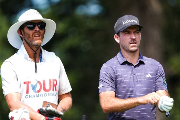 August 21, 2025, Atlanta, Georgia, USA: Nick Taylor (CAN) (R) and his caddie wait on the 2nd hole during the first round of the 2025 TOUR Championship at East Lake Golf Club. Atlanta USA - ZUMAw109 20250821_fap_w109_018 Copyright: xDebbyxWongx