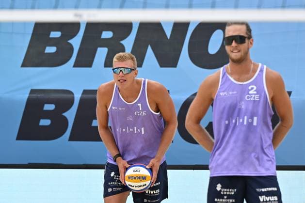 From left Tomas Semerad, Adam Stocek of Czech Republic in action during the Brno Beach Pro, Beach volleyball, Beachvolleyball tournament of Futures category in Brno, Czech Republic, August 22, 2025. (CTKxPhoto VaclavxSalek) CTKPhotoP2025082204224  CTKPhotoP2025082204224