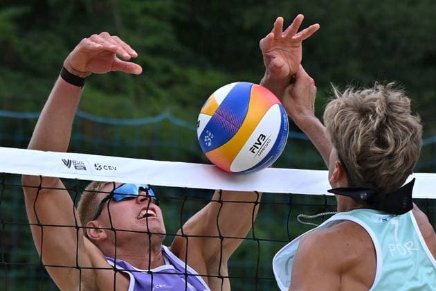 From left Tomas Semerad of Czech Republic and Goncalo Sousa of Portugal in action during the Brno Beach Pro, Beach volleyball, Beachvolleyball tournament of Futures category in Brno, Czech Republic, August 22, 2025. (CTKxPhoto VaclavxSalek) CTKPhotoP2025082204250  CTKPhotoP2025082204250