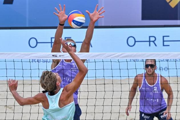 From left Goncalo Sousa of Portugal and Tomas Semerad, Adam Stocek of Czech Republic in action during the Brno Beach Pro, Beach volleyball, Beachvolleyball tournament of Futures category in Brno, Czech Republic, August 22, 2025. (CTKxPhoto VaclavxSalek) CTKPhotoP2025082204276  CTKPhotoP2025082204276