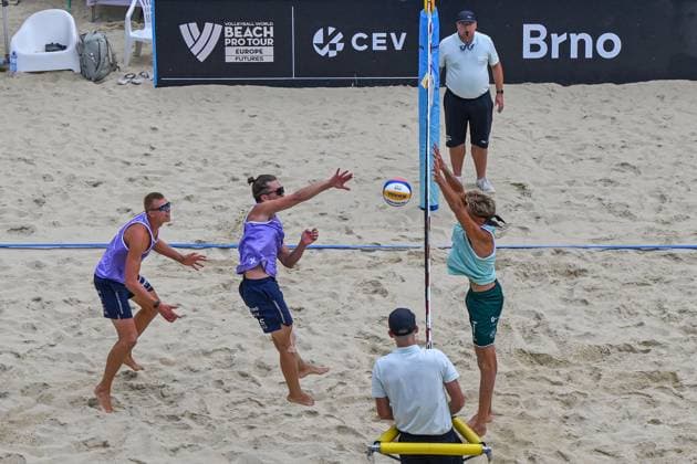 From left Tomas Semerad, Adam Stocek of Czech Republic and Goncalo Sousa of Portugal in action during the Brno Beach Pro, Beach volleyball, Beachvolleyball tournament of Futures category in Brno, Czech Republic, August 22, 2025. (CTKxPhoto VaclavxSalek) CTKPhotoP2025082204299  CTKPhotoP2025082204299
