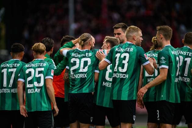 MUNSTER, GERMANY - 22 AUGUST, 2025: players celebration, goal, The football match of 2.Bundesliga SC Preussen Munster 1. FC Nurnberg at LVM-Preussenstadion  Copyright: xVITALIIxKLIUIEVx