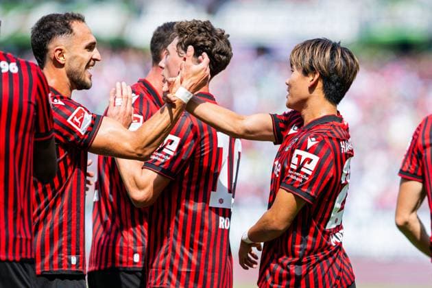 23.08.2025 - Fußball, 2025 2026, 2. Bundesliga, 3. Spieltag, Hannover 96 - 1. FC Magdeburg: (M) Hayate Matsuda (Hannover) jubelt nach seinem Tor zum 1:0 mit (L) Virgil GhiÈ›a (Hannover) DFL REGULATIONS PROHIBIT ANY USE OF PHOTOGRAPHS AS IMAGE SEQUENCES AND OR QUASI-VIDEO.