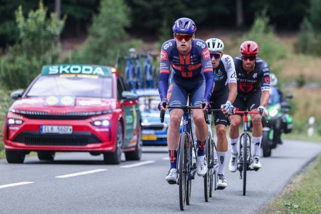 Radsport UCI ProSeries Men Elite LIDL Deutschland Tour 2025 Etappe 3 Arnsberg - Kassel am 23.08.2025 Die Spitzengruppe bestehend aus Enzo Leijnse ( TEAM PICNIC POSTNL ), Marco Haller ( TUDOR PRO CYCLING TEAM ), Jannik Steimle ( Q36.5 PRO CYCLING TEAM )