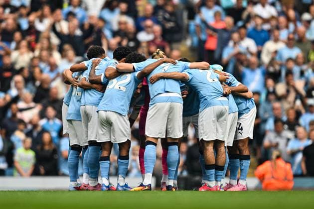 23rd August 2025; Etihad Stadium, Manchester, England; Premier League Football, Manchester City versus Tottenham Hotspur; Manchester City players huddle before kick-off  GodfreyxPitt
