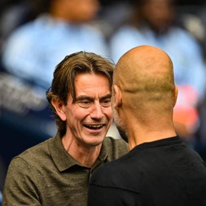 23rd August 2025; Etihad Stadium, Manchester, England; Premier League Football, Manchester City versus Tottenham Hotspur; Manchester City Manager Pep Guardiola greets Tottenham Hotspur Head Coach Thomas Frank  GodfreyxPitt
