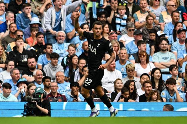 23rd August 2025; Etihad Stadium, Manchester, England; Premier League Football, Manchester City versus Tottenham Hotspur; Brennan Johnson of Tottenham Hotspur celebrates scoring in the 35th minute but the goal is disallowed for offside and sent for VAR review  GodfreyxPitt