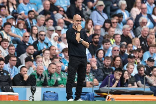 Premier League Manchester City v Tottenham Hotspur Pep Guardiola manager of Manchester City looks on as his City lose 0-2 during the Premier League match Manchester City vs Tottenham Hotspur at Etihad Stadium, Manchester, United Kingdom, 23rd August 2025 (Photo by Mark Cosgrove News Images) Manchester Etihad Stadium Manchester United, ManU Kingdom Copyright: xMarkxCosgrove NewsxImagesx