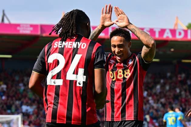 Bournemouth v Wolverhampton Wanderers Premier League Marcus Tavernier of Bournemouth celebrates scoring with Antoine Semenyo of Bournemouth during the Premier League match at the Vitality Stadium, Bournemouth UK Newspapers OUT Copyright: xJeremyxLandeyx FIL-22134-0014