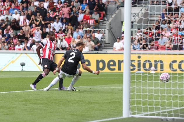 Brentford v Aston Villa 23 August 2025, London - Premier League Football - Brentford v Aston Villa - Dango Ouattara of Brentford scores the opening goal - Photo: Charlotte Wilson Offside. London UK Copyright: xCharlottexWilsonx xOffsidexOffside