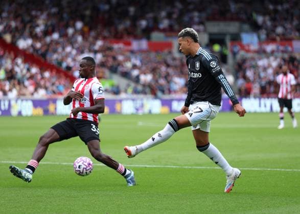 23rd August 2025; Gtech Community Stadium, Brentford, London, England; Premier League Football, Brentford versus Aston Villa; Morgan Rogers of Aston Villa taking a shot on goal  JohnxPatrickxFletcher