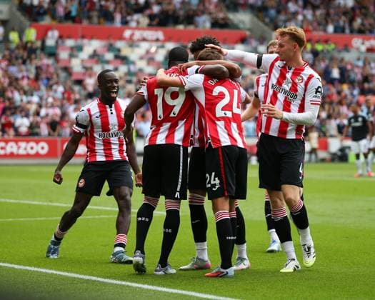 London, England, August 23 2025: Players of Brentford celebrate with goalscorer Mikkel Damsgaard (24 Brentford) before later reversed by VAR for a foul during the Premier League game between Brentford and Aston Villa at Gtech Community Stadium in London, England. (Photo by Jay Patel Sports Press Photo SPP) Copyright: xx Sportspressphoto_SPR13852
