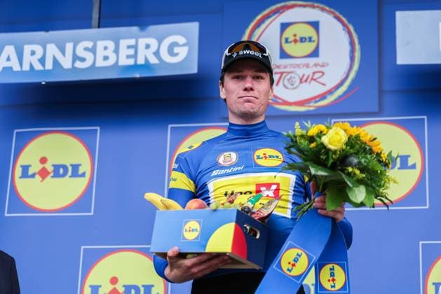 Radsport UCI ProSeries Men Elite LIDL Deutschland Tour 2025 Etappe 3 Arnsberg - Kassel am 23.08.2025 Soren Waerenskjold ( UNO-X MOBILITY ) auf dem Podium