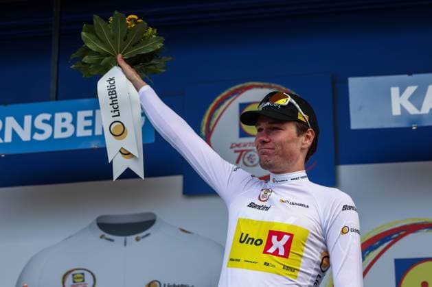 Radsport UCI ProSeries Men Elite LIDL Deutschland Tour 2025 Etappe 3 Arnsberg - Kassel am 23.08.2025 Soren Waerenskjold ( UNO-X MOBILITY ) auf dem Podium