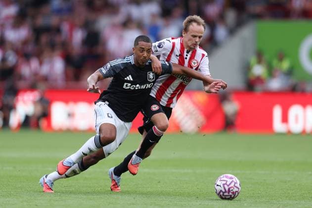 London, England, 23rd August 2025. Youri Tielemans of Aston Villa and Mikkel Damsgaard of Brentford challenge for the ball during the Brentford vs Aston Villa Premier League match at Gtech Community Stadium, London. Picture credit should read: Paul Terry Sportimage EDITORIAL USE ONLY. No use with unauthorised audio, video, data, fixture lists, club league logos or live services. Online in-match use limited to 120 images, no video emulation. No use in betting, games or single club league player publications. SPI_026_PT_Brentford_Aston_Villa SPI-4082-0026