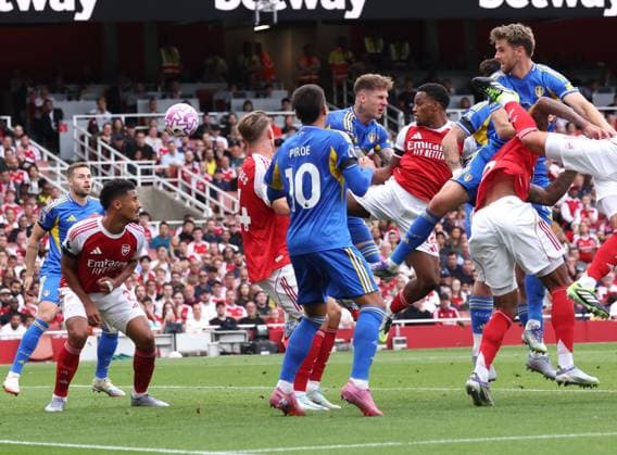 Jurrien Timber (A) scores the first Arsenal goal (1-0) at the Arsenal v Leeds United EPL match, at the Emirates Stadium, London, UK on 23rd August, 2025. 