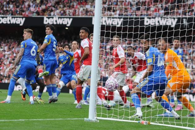 Football - 2025 2026 Premier League - Arsenal vs Leeds United - Emirates Stadium - Saturday 23rd August 2025 Jurrien Timber of Arsenal (hidden) heads goal no 1 