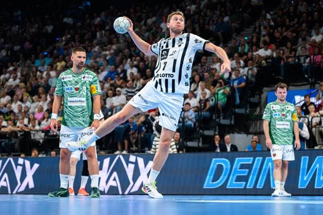 Muenchen: HBL Super Cup 2025 - Fuechse Berlin - THW Kiel Magnus Landin (THW Kiel) Muenchen SAP Garden Bayern Deutschland