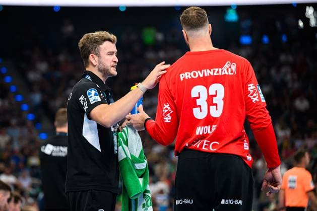 Muenchen: HBL Super Cup 2025 - Fuechse Berlin - THW Kiel Torhueter Gonzalo Perez de Vargas (THW Kiel), Torhueter Andreas Wolff (THW Kiel) Muenchen SAP Garden Bayern Deutschland