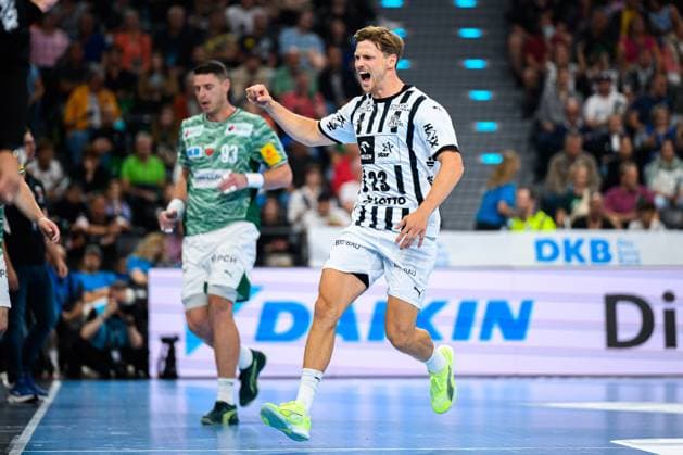 Muenchen: HBL Super Cup 2025 - Fuechse Berlin - THW Kiel Rune Dahmke (THW Kiel) Jubel Freude Emotion Torjubel Torschuetze Torschütze Muenchen SAP Garden Bayern Deutschland