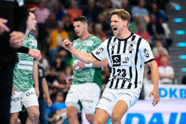 Muenchen: HBL Super Cup 2025 - Fuechse Berlin - THW Kiel Rune Dahmke (THW Kiel) Jubel Freude Emotion Torjubel Torschuetze Torschütze Muenchen SAP Garden Bayern Deutschland