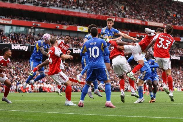 Arsenal v Leeds United 23 August 2025, London - Premier League Football - Arsenal v Leeds United - Jurrien Timber of Arsenal scores their first goal - Photo: Jacques Feeney Offside. London UK Copyright: xJacquesxFeeneyx xOffsidexOffside