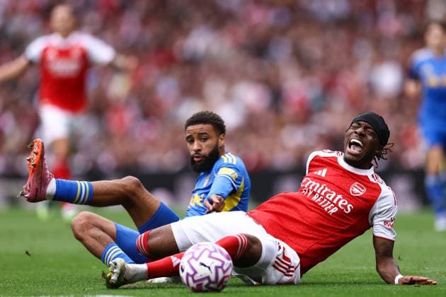 Arsenal v Leeds United 23 August 2025, London - Premier League Football - Arsenal v Leeds United - Noni Madueke of Arsenal and Jayden Bogle of Leeds United - Photo: Jacques Feeney Offside. London UK Copyright: xJacquesxFeeneyx xOffsidexOffside