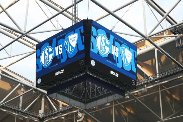 23.08.2025, xrekx, Fussball 2.Bundesliga, FC Schalke 04 - VfL Bochum v.l. Anzeigetafel, Videowall, Scoreboard, Info, Werbung (DFL DFB REGULATIONS PROHIBIT ANY USE OF PHOTOGRAPHS as IMAGE SEQUENCES and or QUASI-VIDEO) Gelsenkirchen