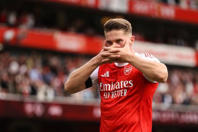 Arsenal v Leeds United 23 August 2025, London - Premier League Football - Arsenal v Leeds United - Viktor Gyokeres of Arsenal celebrates their third goal - Photo: Jacques Feeney Offside. London UK Copyright: xJacquesxFeeneyx xOffsidexOffside