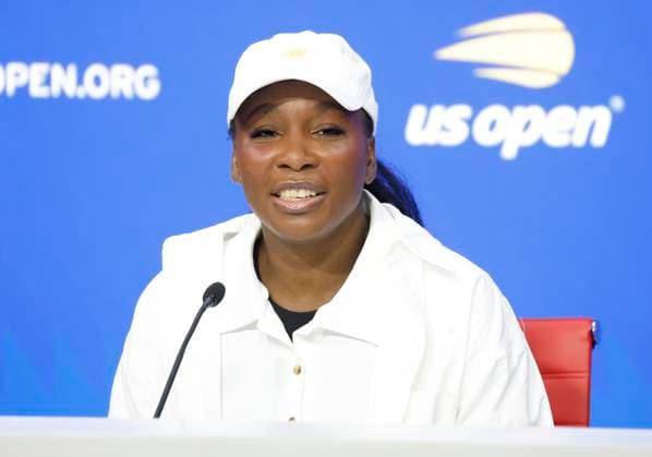 Venus Williams speaks at a press conference, PK, Pressekonferenz in Arthur Ashe Stadium at the 2025 US Open Tennis Championship at the USTA Billie Jean King National Tennis Center in New York City on Saturday, August 23, 2025 in New York City.  NYP20250823125 JOHNxANGELILLO