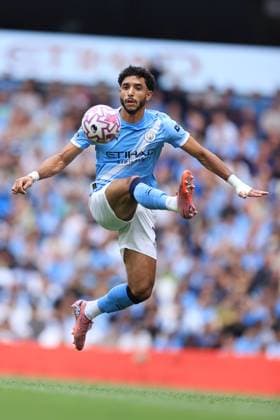 Football - Premier League - Manchester City v Tottenham Hotspur 23rd August 2025 - Premier League - Manchester City v Tottenham Hotspur - Omar Marmoush of Manchester City leaps to control the ball - Photo: Simon Stacpoole Offside. Manchester UK Copyright: xSimonxStacpoolexOffside