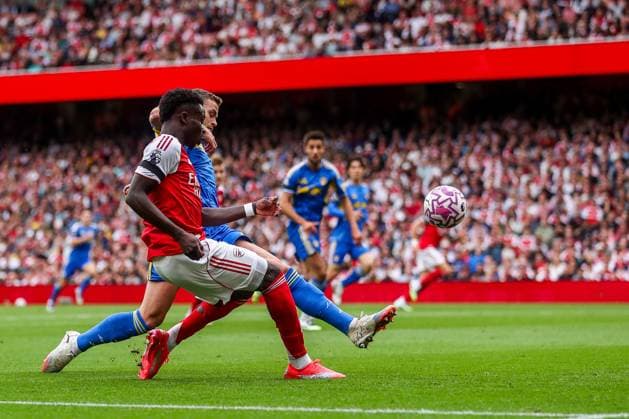 Premier League Arsenal v Leeds United Bukayo Saka of Arsenal shoots during the Premier League match Arsenal vs Leeds United at Emirates Stadium, London, United Kingdom, 23rd August 2025 (Photo by Izzy Poles News Images) London Emirates Stadium Greater London United Kingdom Copyright: xIzzyxPoles NewsxImagesx
