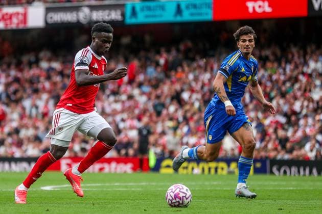 Premier League Arsenal v Leeds United Bukayo Saka of Arsenal scores to make it 2-0 during the Premier League match Arsenal vs Leeds United at Emirates Stadium, London, United Kingdom, 23rd August 2025 (Photo by Izzy Poles News Images) London Emirates Stadium Greater London United Kingdom Copyright: xIzzyxPoles NewsxImagesx