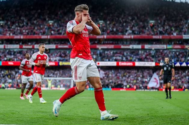 Premier League Arsenal v Leeds United Viktor Gyokeres of Arsenal celebrates his penalty to make it 5-0 during the Premier League match Arsenal vs Leeds United at Emirates Stadium, London, United Kingdom, 23rd August 2025 (Photo by Izzy Poles News Images) London Emirates Stadium Greater London United Kingdom Copyright: xIzzyxPoles NewsxImagesx