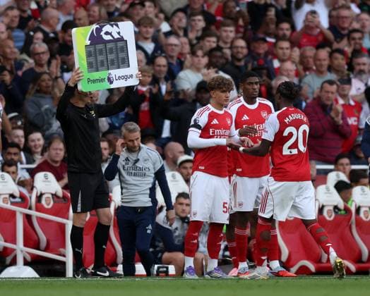 London, England, 23rd August 2025. Max Dowman of Arsenal comes on for his premier league debut during the Arsenal vs Leeds United Premier League match at the Emirates Stadium, London. Picture credit should read: David Klein Sportimage EDITORIAL USE ONLY. No use with unauthorised audio, video, data, fixture lists, club league logos or live services. Online in-match use limited to 120 images, no video emulation. No use in betting, games or single club league player publications. SPI_011_DK_Arsenal_Leeds SPI-4090-0011