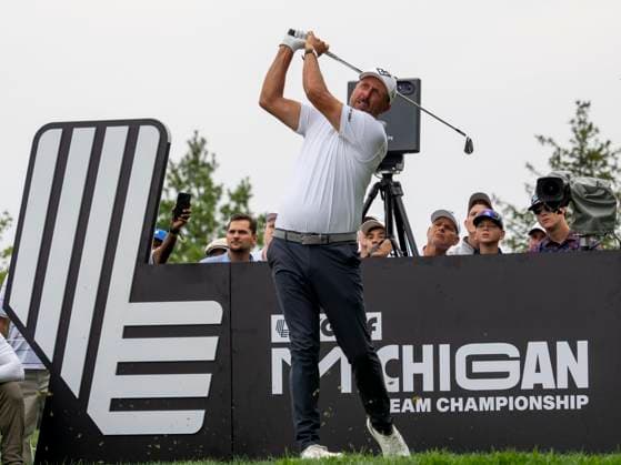 PLYMOUTH, MI - AUGUST 23: Phil Mickelson tees off during round two of the LIV Golf Team Championship Michigan at The Cardinal at Saint John s Resort in Plymouth, MI on August 23, 2025. (Photo by Joseph Weiser Icon Sportswire) GOLF: AUG 23 LIV Golf Team Championship Michigan EDITORIAL USE ONLY Icon25082321