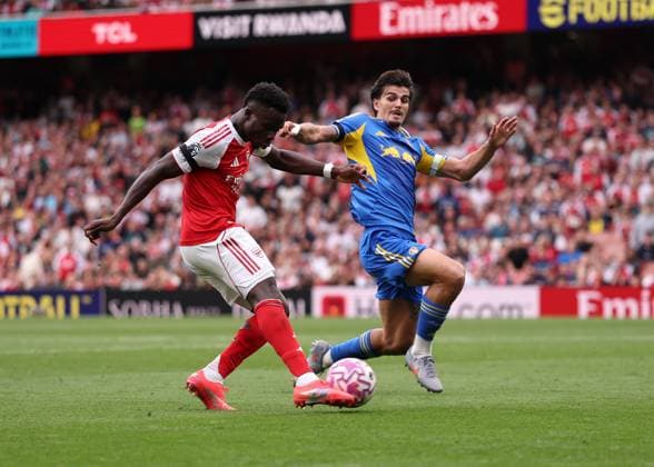 London, England, 23rd August 2025. Bukayo Saka of Arsenal scoring his sides second goal during the Arsenal vs Leeds United Premier League match at the Emirates Stadium, London. Picture credit should read: David Klein Sportimage EDITORIAL USE ONLY. No use with unauthorised audio, video, data, fixture lists, club league logos or live services. Online in-match use limited to 120 images, no video emulation. No use in betting, games or single club league player publications. SPI_069_DK_Arsenal_Leeds SPI-4090-0069