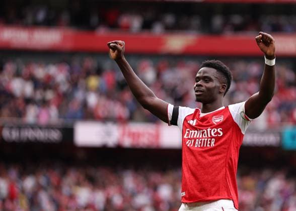 London, England, 23rd August 2025. Bukayo Saka of Arsenal celebrates scoring his sides second goal during the Arsenal vs Leeds United Premier League match at the Emirates Stadium, London. Picture credit should read: David Klein Sportimage EDITORIAL USE ONLY. No use with unauthorised audio, video, data, fixture lists, club league logos or live services. Online in-match use limited to 120 images, no video emulation. No use in betting, games or single club league player publications. SPI_077_DK_Arsenal_Leeds SPI-4090-0077