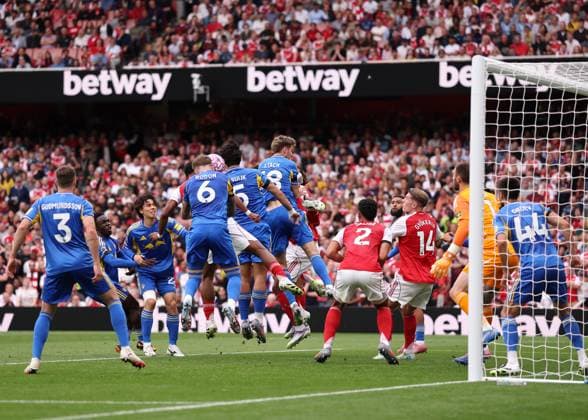 London, England, 23rd August 2025. Jurrien Timber of Arsenal scoring his sides opening goal during the Arsenal vs Leeds United Premier League match at the Emirates Stadium, London. Picture credit should read: David Klein Sportimage EDITORIAL USE ONLY. No use with unauthorised audio, video, data, fixture lists, club league logos or live services. Online in-match use limited to 120 images, no video emulation. No use in betting, games or single club league player publications. SPI_066_DK_Arsenal_Leeds SPI-4090-0066