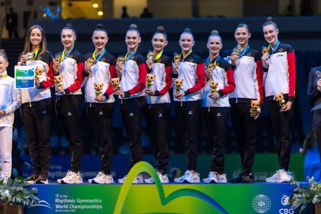 41st FIG Rhythmic gymnastics, Rhythmische Sportgymnastik, RSG World Championships; 24.08.2025 Team Germany (Individuals Darja Varfolomeev, Anastasia Simakova and Group members Melanie Dargel, Olivia Falk, Anja Kosan, Helena Ripken, Anna-Maria Shatokhin, Emilia Wickert) wins the Gold medal in the Team Ranking; 41st FIG Rhythmic Gymnastics World Championships at 24.08.2025 in the Parque Olimpico (Carioca 1) in Rio de Janeiro (Brazil). *** 41st FIG Rhythmic Gymnastics World Championships 24 08 2025 Team Germany Individuals Darja Varfolomeev, Anastasia Simakova and Group members Melanie Dargel, Olivia Falk, Anja Kosan, Helena Ripken, Anna Maria Shatokhin, Emilia Wickert wins the Gold medal in the Team Ranking 41st FIG Rhythmic Gymnastics World Championships at 24 08 2025 in the Parque Olimpico Carioca 1 in Rio de Janeiro Brazil Copyright: xBEAUTIFULxSPORTS U.xFassbenderx