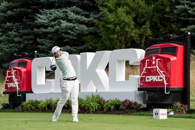 August 23, 2025, Mississauga, On, CANADA: Mao Saigo of Japan tees off on there 18th hole during the third round of the CPKC WomenöÄÃ s Open at the Mississauga Golf and Country Club in Mississauga, Ont., Saturday, Aug. 23, 2025. Mao Saigo  - ZUMAc35_ 20250823_zaf_c35_093 Copyright: xThomasxSkrljx
