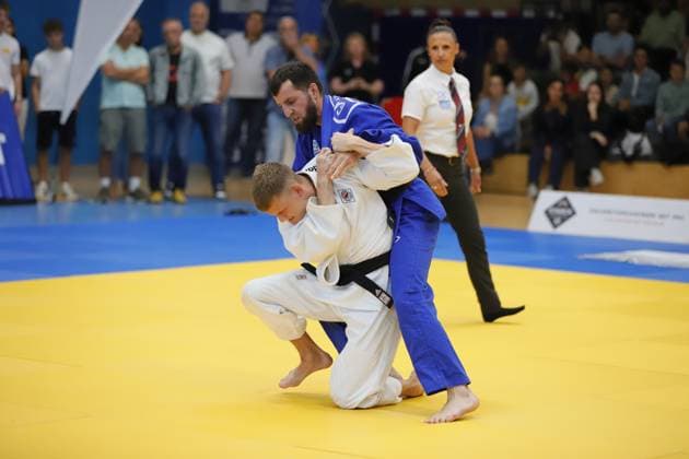 23.08.2025 xhpx Offenbach am Main 1. Judo Bundesliga 1 JC Samurai Offenbach gegen JSV Speyer Alash Gatschaev (Samurai) gegen Till Braunbach (Speyer)