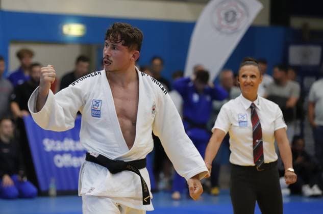 23.08.2025 xhpx Offenbach am Main 1. Judo Bundesliga 1 JC Samurai Offenbach gegen JSV Speyer Markus Seifert (Samurai) gegen Franz Haettich (Speyer)