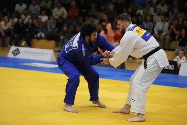 23.08.2025 xhpx Offenbach am Main 1. Judo Bundesliga 1 JC Samurai Offenbach gegen JSV Speyer Nikoloz Zaalishvili (Samurai= gegen Pierre Ederer (Speyer)