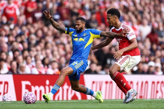 Arsenal v Leeds United 23 August 2025, London - Premier League Football - Arsenal v Leeds United - Lukas Nmecha of Leeds United and William Saliba of Arsenal - Photo: Jacques Feeney Offside. London UK Copyright: xJacquesxFeeneyx xOffsidexOffside