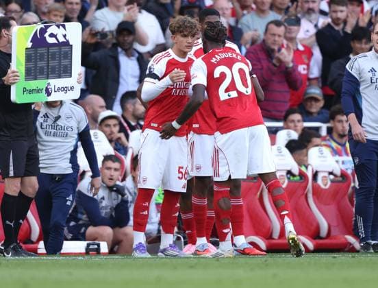 Max Robert Dowman (A) comes on as a substitute for his debut at the Arsenal v Leeds United EPL match, at the Emirates Stadium, London, UK on 23rd August, 2025. 