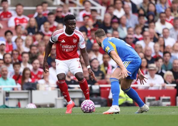 Bukayo Saka (A) Gabriel Gudmundsson (LU) at the Arsenal v Leeds United EPL match, at the Emirates Stadium, London, UK on 23rd August, 2025. 